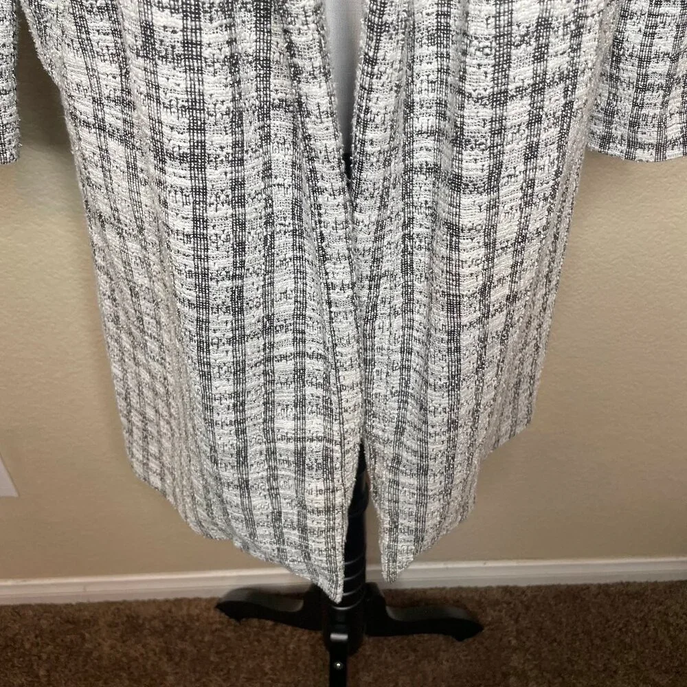 Melloday Black White Plaid Open Front Cotton Blend Longline Coat Jacket M